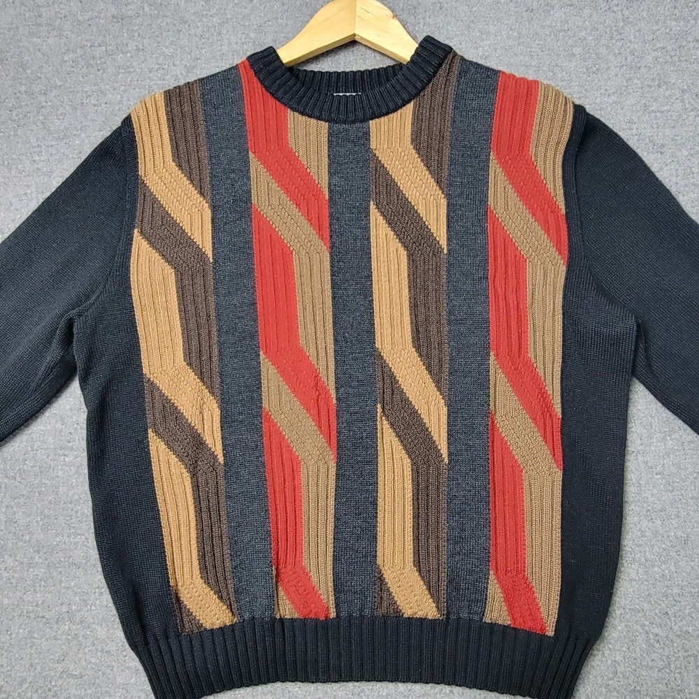 Fiume Italy Men's Sweater L 52 Geometric Pattern Knit Merino Wool Pullover Retro